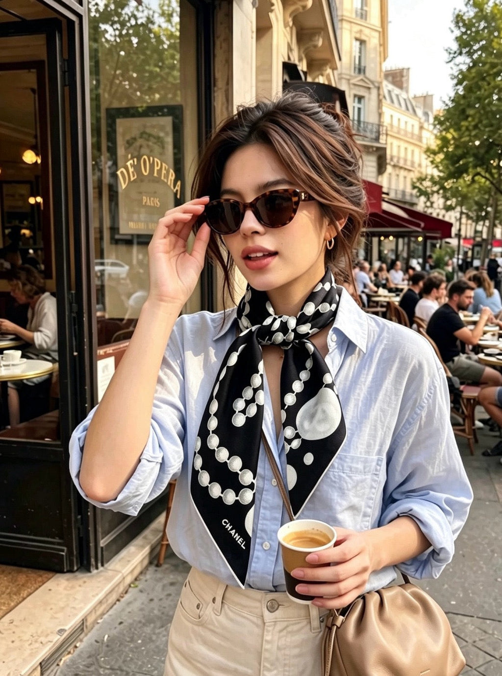 Chanel Style Pearl Motif Silk Scarf - Black White - Model Worn Main Image