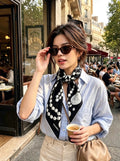Chanel Style Pearl Motif Silk Scarf - Black White - Model Worn Main Image