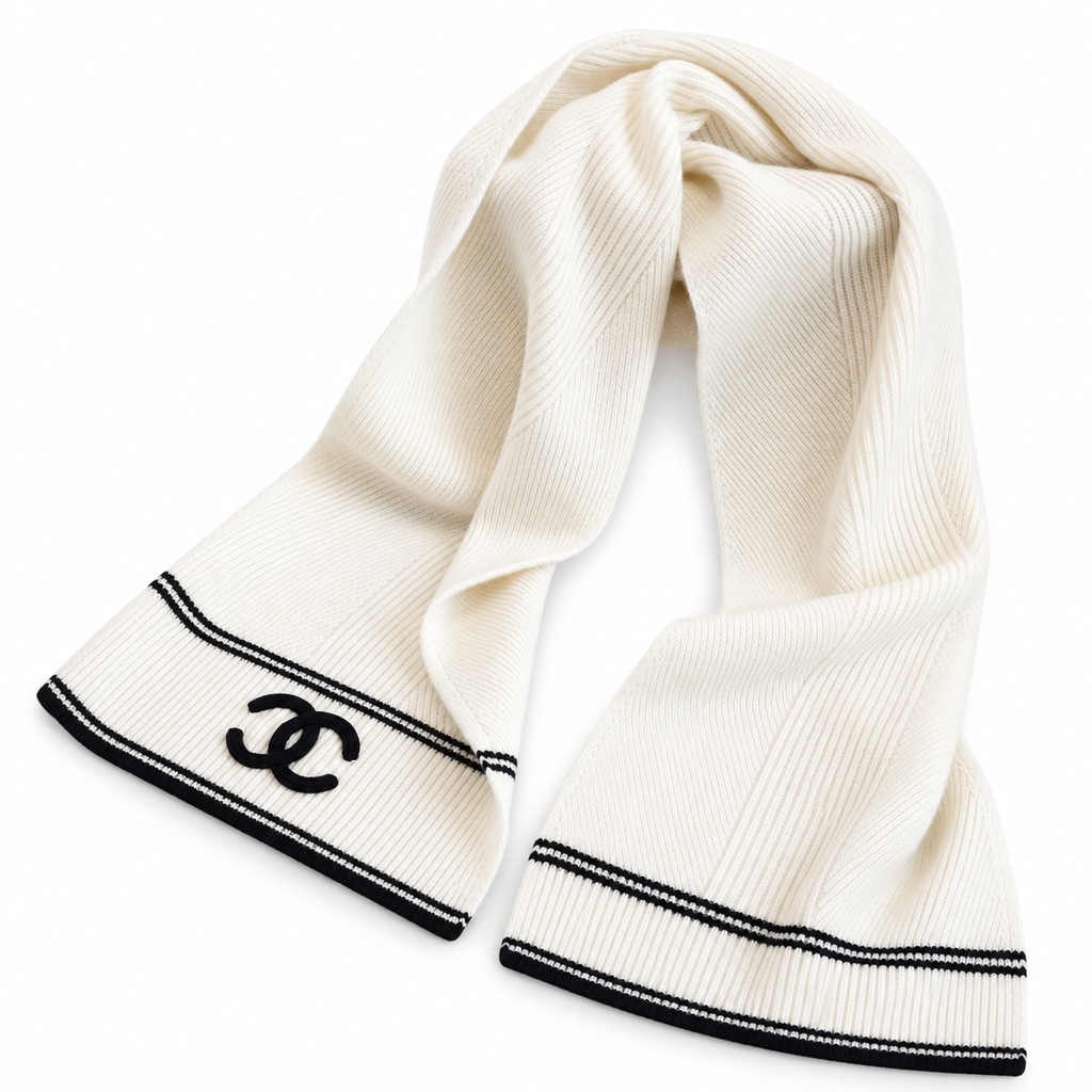 Chanel Style Rib-Knit Logo Scarf in Ivory