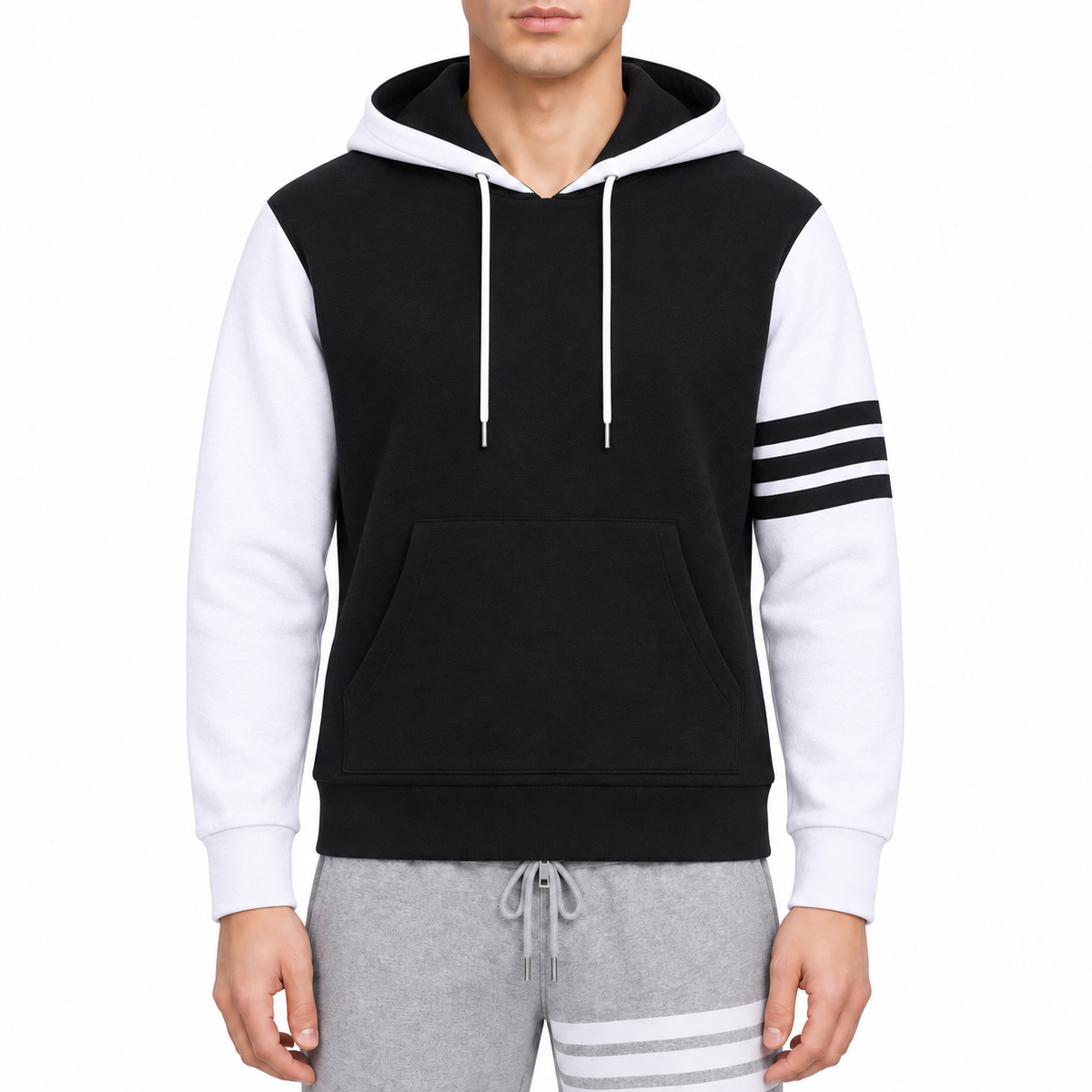 New Couples Hoodie by Thom Browne, modeled on a pure white background