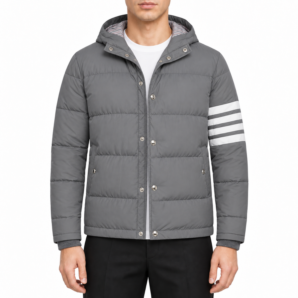 Hooded Wool Jacket - 80% Pure Wool - Signature Grosgrain Detail by Thom Browne, modeled on a pure white background