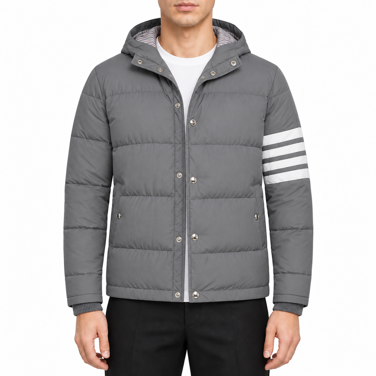 Hooded Wool Jacket - 80% Pure Wool - Signature Grosgrain Detail by Thom Browne, modeled on a pure white background
