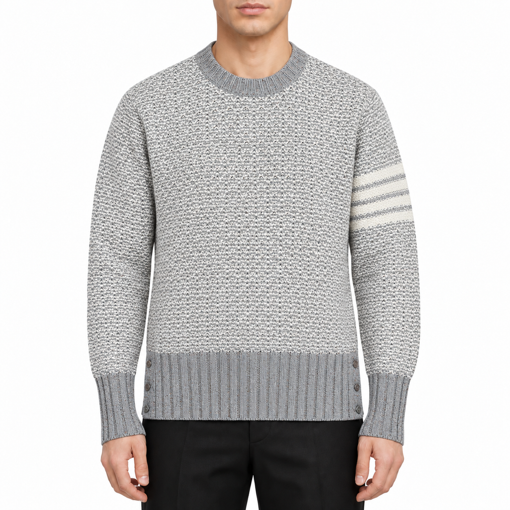 Snowflake Chunky Wool Crewneck Sweater by Thom Browne, modeled on a pure white background