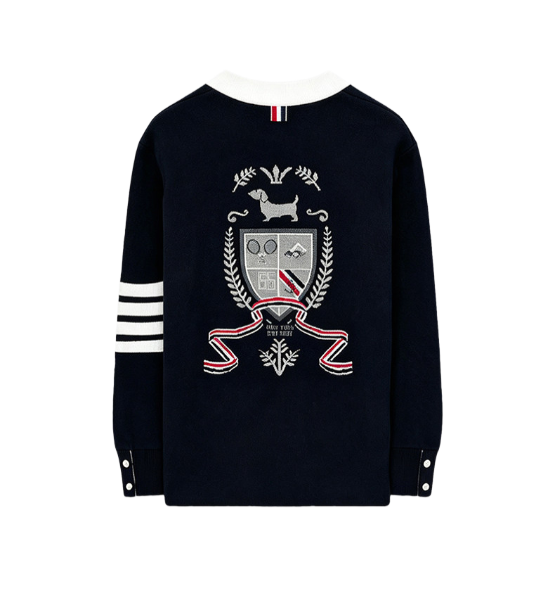 Intarsia Knit Cardigan — Unisex Four-Stripe Badge Sweater by Thom Browne, outerwear detail view