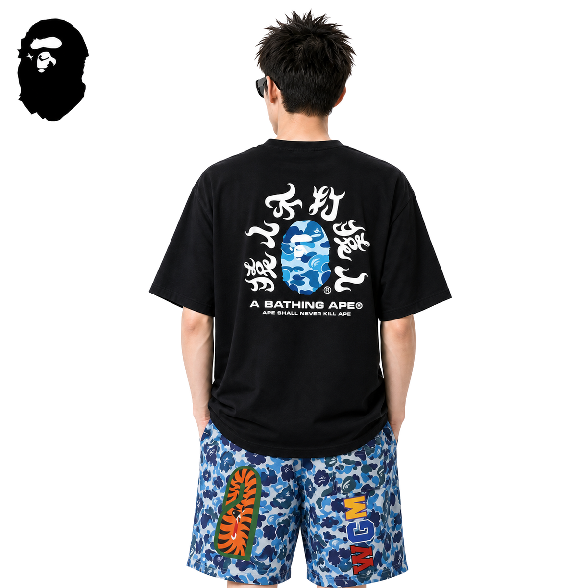 BAPE Blue ABC Camo Kanji Back Print Men's T-Shirt - Black - Black streetwear model on pure white background