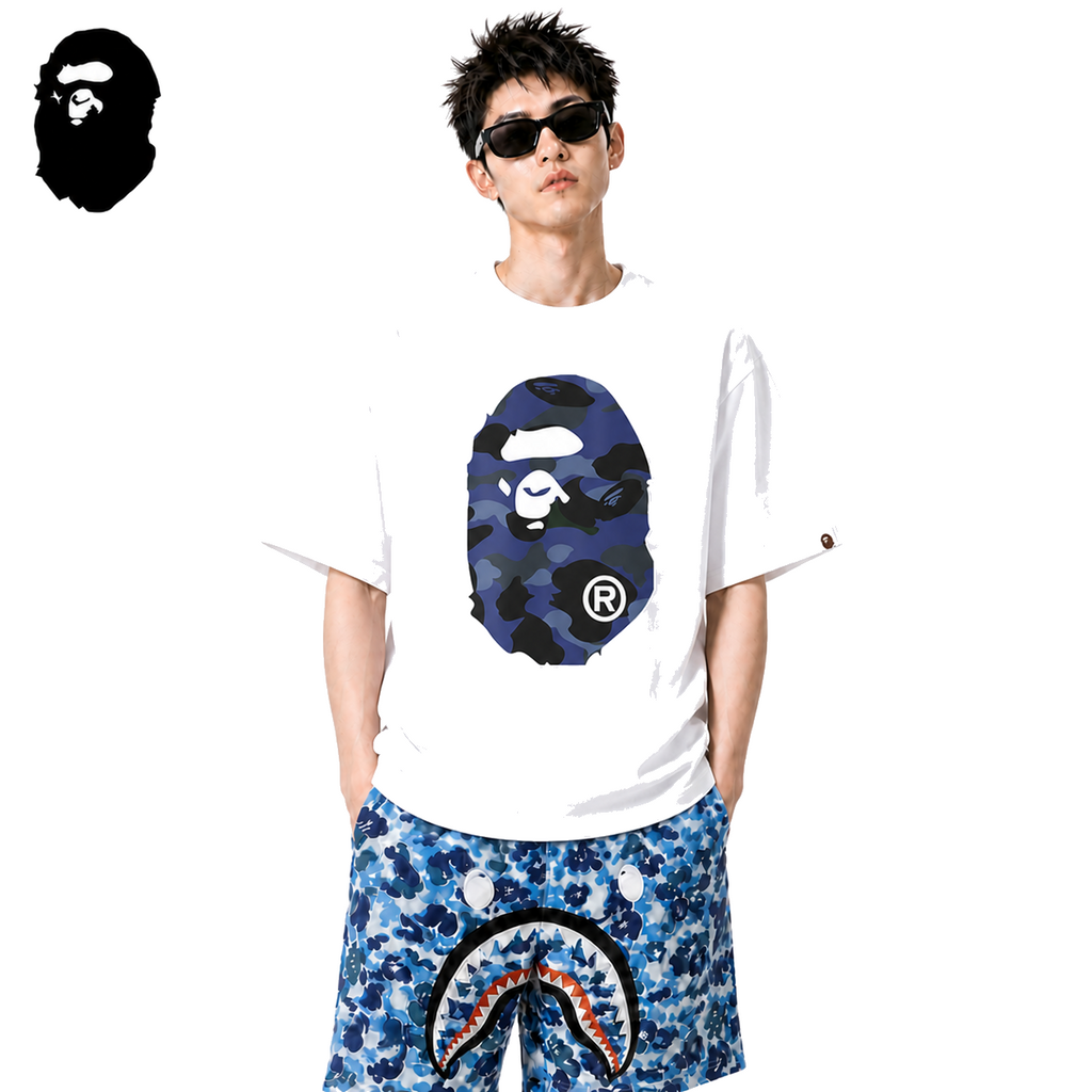 BAPE Blue Camo Side Big Ape Head Men's T-Shirt - White - White streetwear model on pure white background