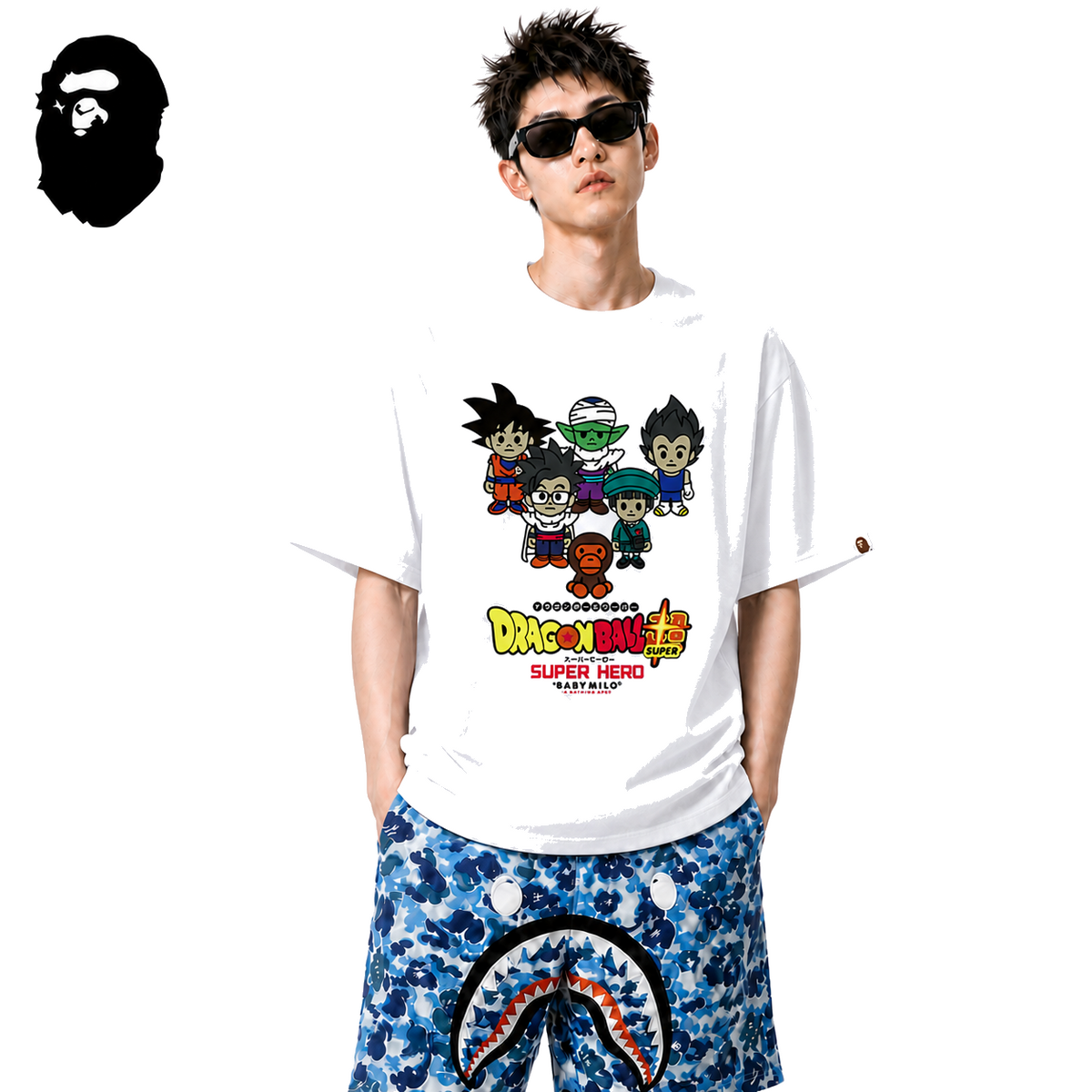 BAPE x Dragon Ball Super Baby Milo Men's T-Shirt - White - White streetwear model on pure white background