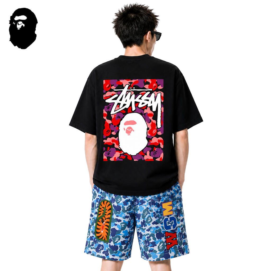 BAPE x Stussy Red Camo Back Print Men's T-Shirt - Black - Black streetwear model on pure white background