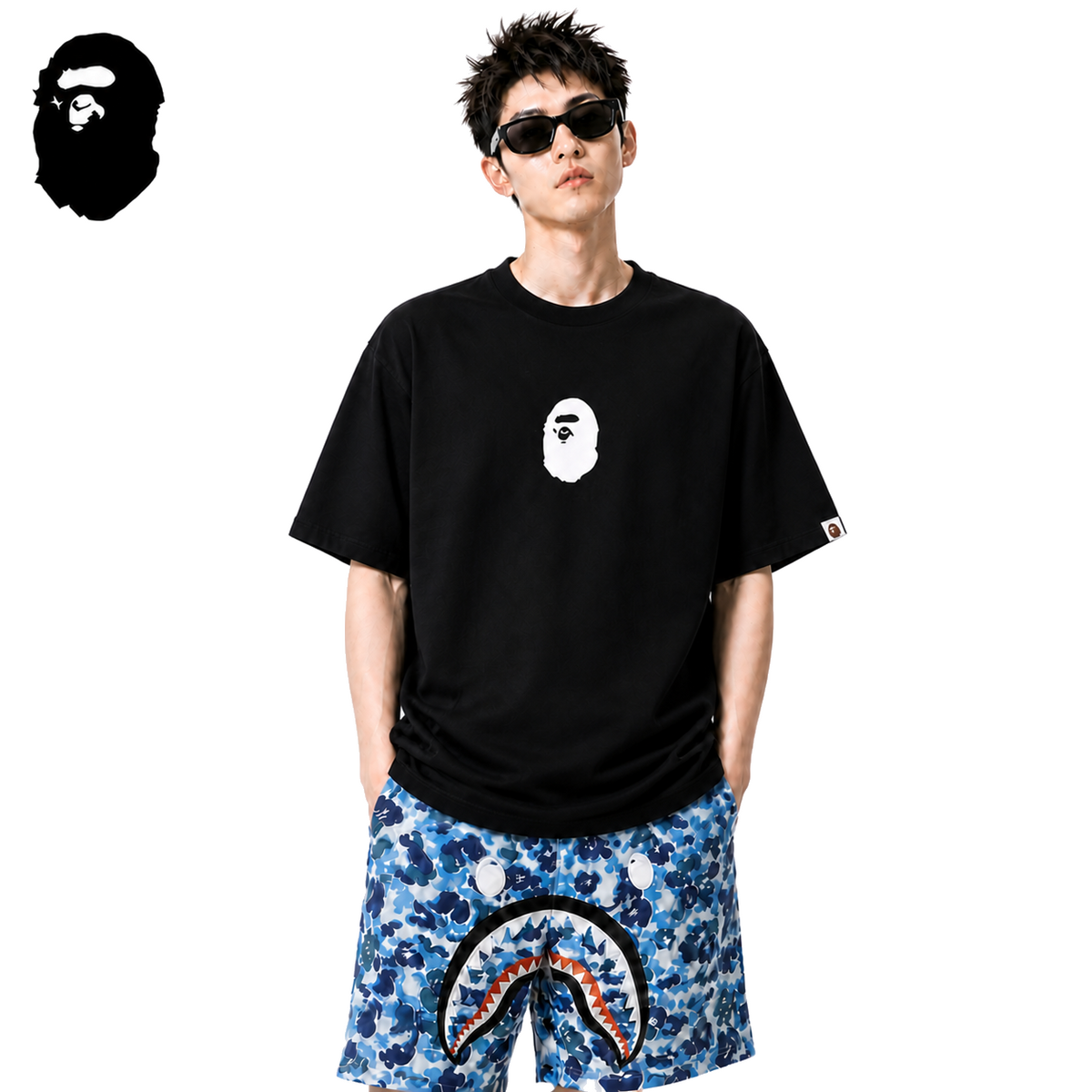 BAPE Small Ape Head Logo Men's T-Shirt - Black - Black streetwear model on pure white background
