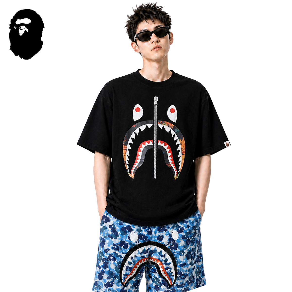 BAPE Shark Face Men's Graphic T-Shirt - Black - Black streetwear model on pure white background