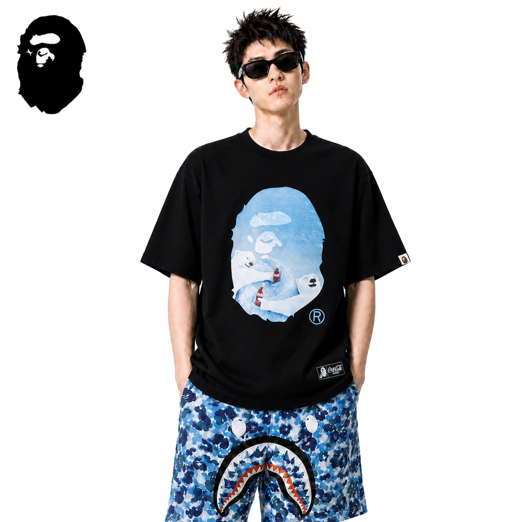 BAPE x Coca-Cola Photo Ape Head Men's T-Shirt - Black - Black streetwear model on pure white background