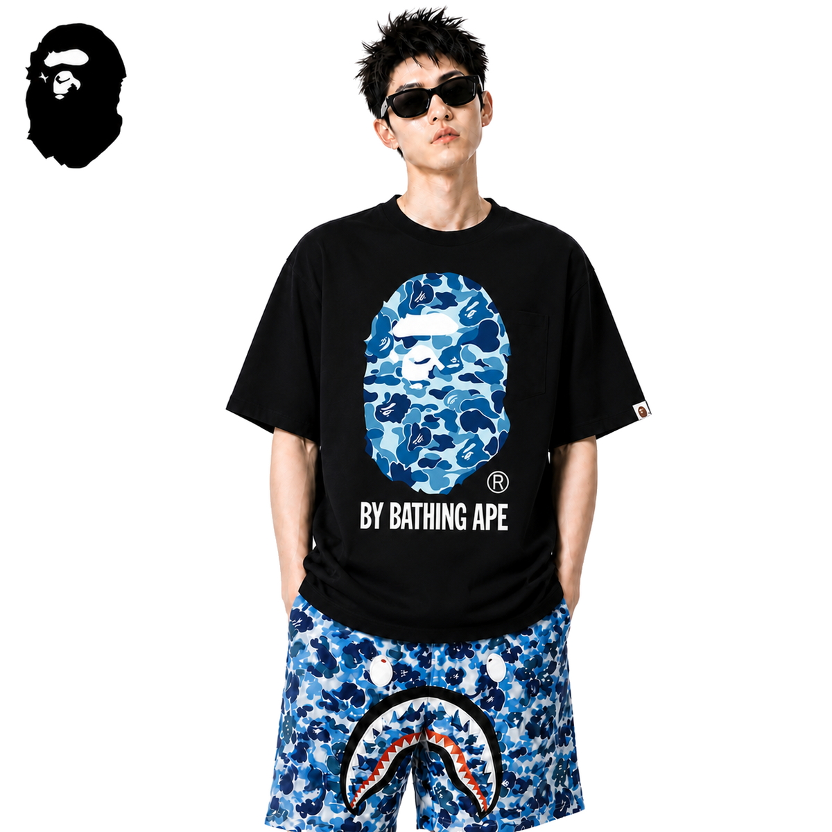 BAPE Blue ABC Camo Ape Head Men's T-Shirt - Black - Black streetwear model on pure white background