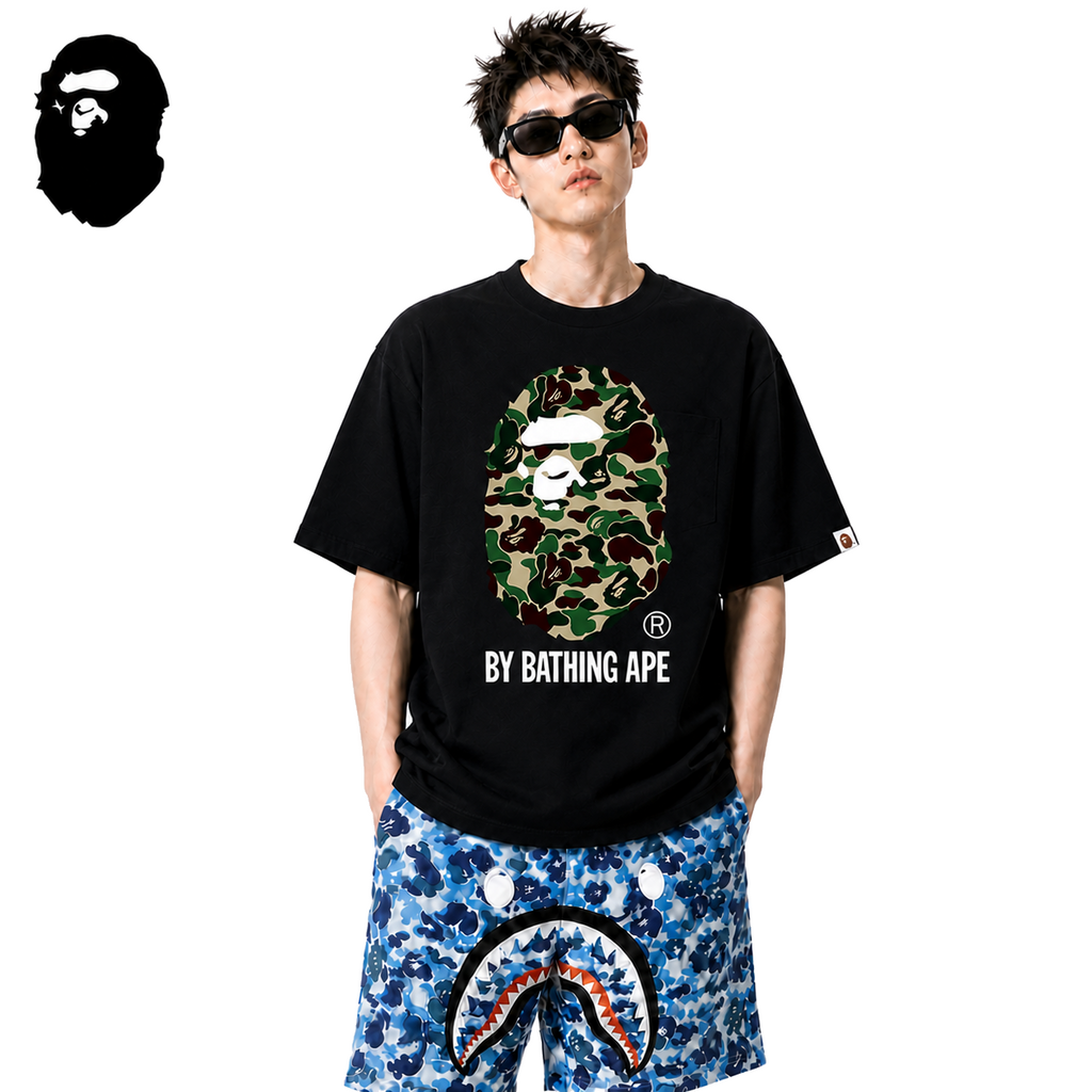 BAPE Green ABC Camo Ape Head Men's T-Shirt - Black - Black streetwear model on pure white background