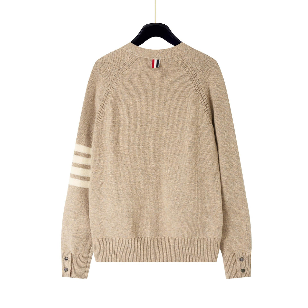 4 - Bar Premium Cotton V - Neck Cardigan - Classic Khaki Knit by Thom Browne, knitwear detail view