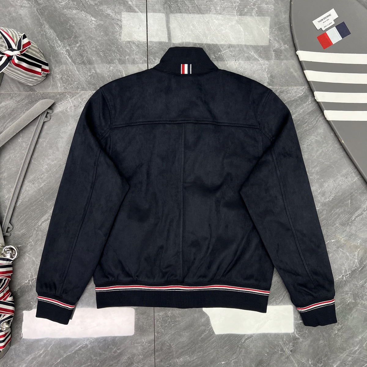 Thom Browne Men's Stand-Collar Button Jacket with Stripe Trim
