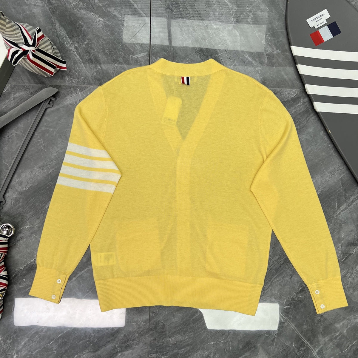 Thom Browne Unisex V-Neck Knit Cardigan with Four-Bar Stripes