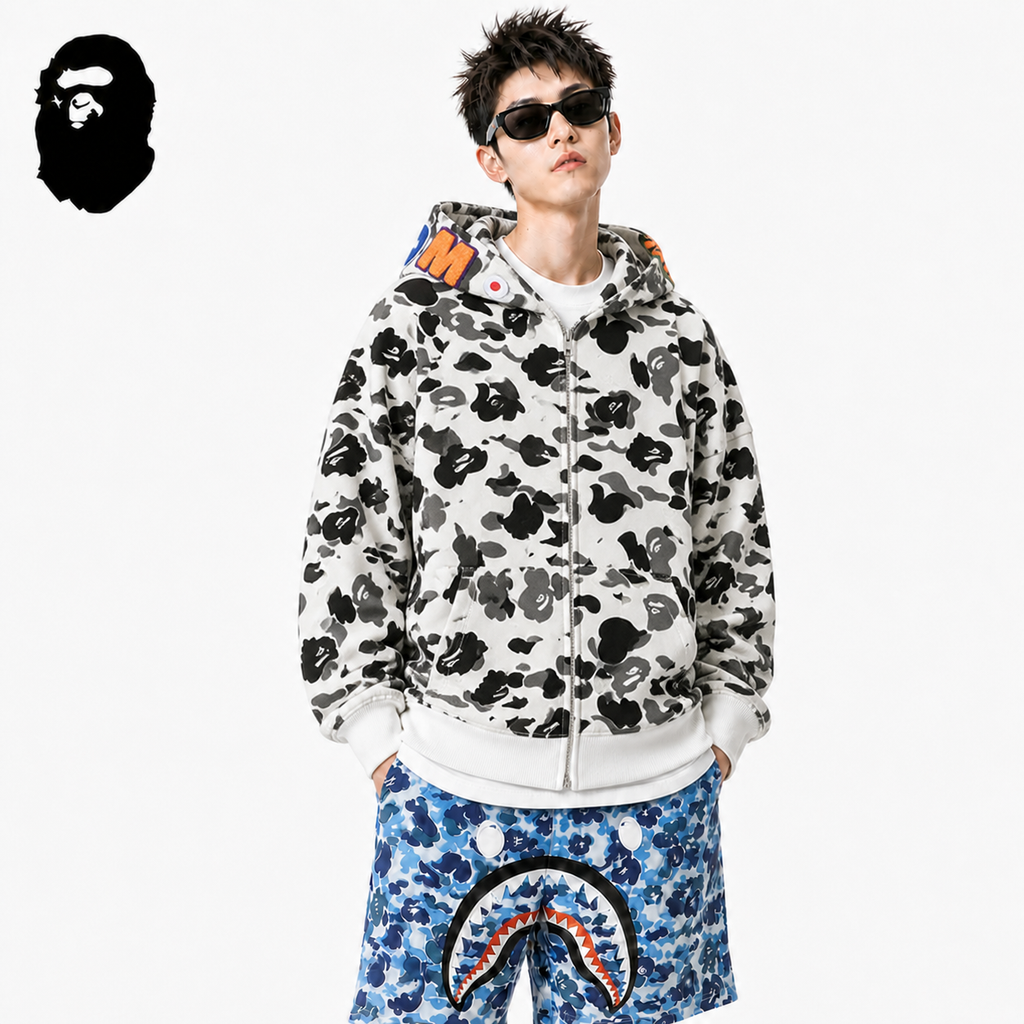 BAPE White Camo Shark Hoodie styled on a male model