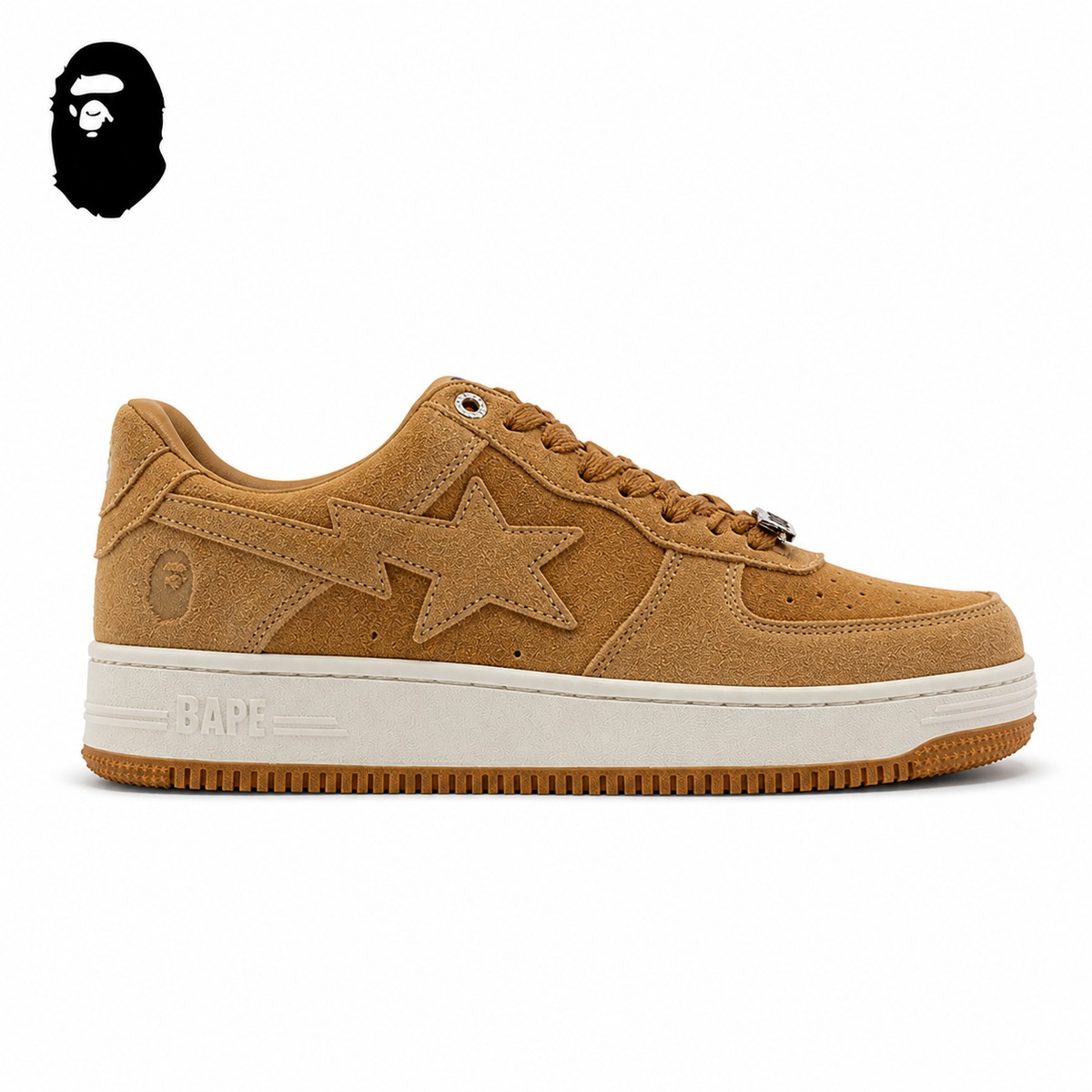 BAPE STA Tokyo Low-Top Sneakers - Tan/Gum, single side view on a white background