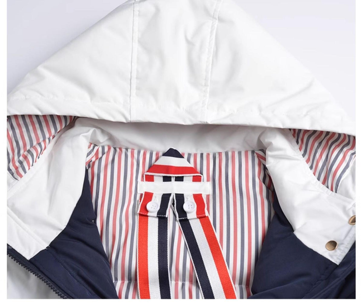 Women's Long Down Coat by Thom Browne, outerwear detail view