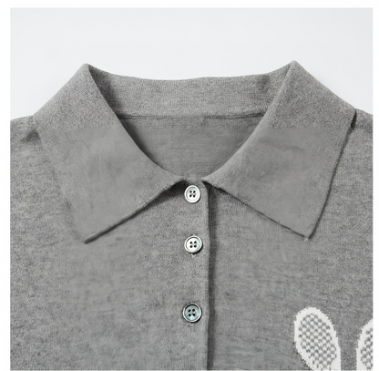 Women's Polo Knit Top – Tennis Racket Print THOM TREND