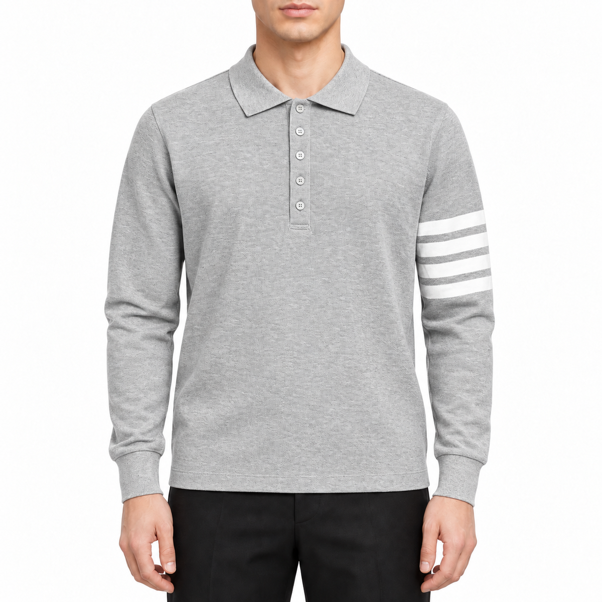 long-sleeved T-shirt by Thom Browne, modeled on a pure white background