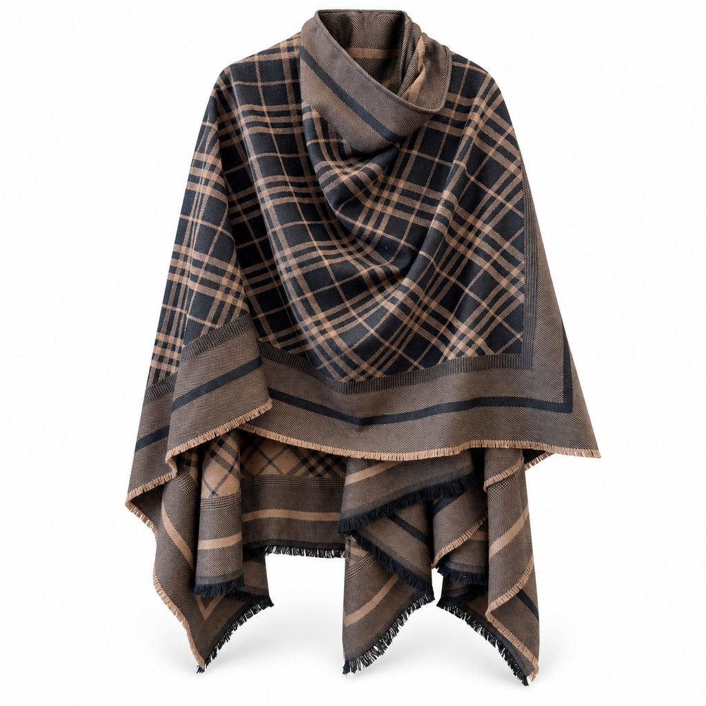 Burberry Style Reversible Plaid Cape Shawl in Brown