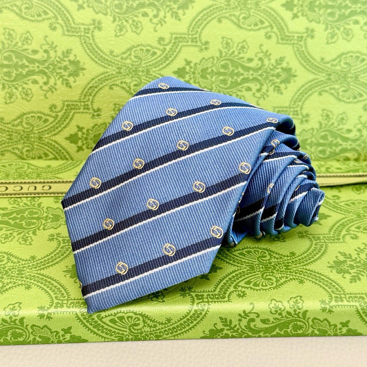 Gucci Style Men's Interlocking G Stripe Silk Tie - Detail Image 3