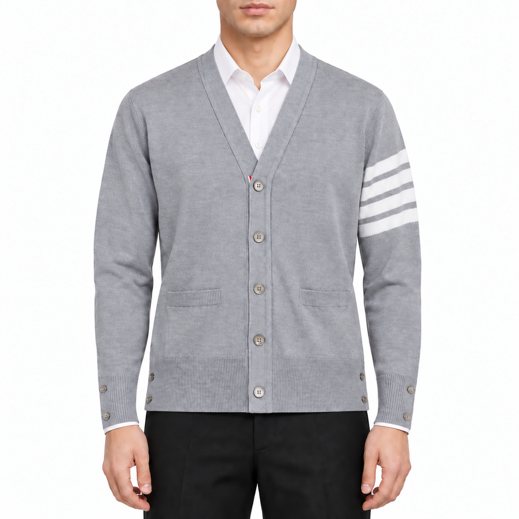 Unisex V-neck thin cardigan by Thom Browne, modeled on a pure white background