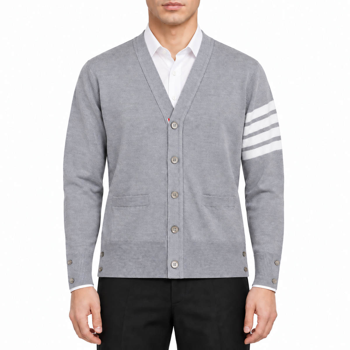 Unisex V-neck thin cardigan by Thom Browne, modeled on a pure white background