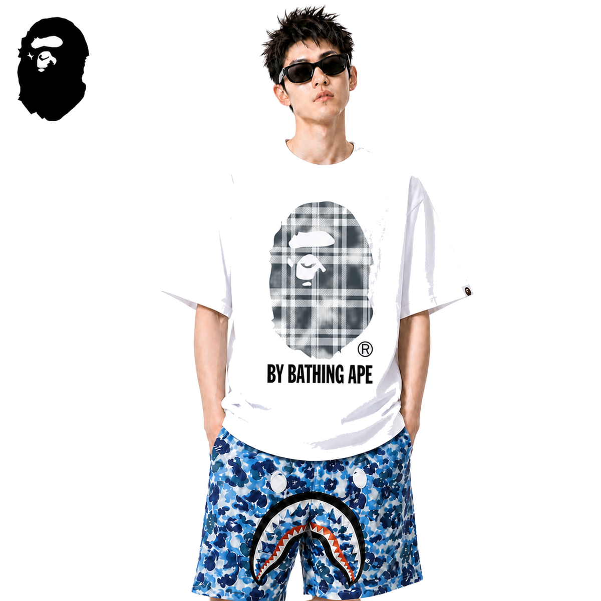 BAPE Bleach Check Ape Head Men's T-Shirt - White - White streetwear model on pure white background