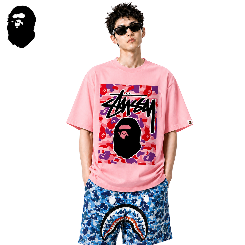 BAPE x Stussy Red Camo Back Print Men's T-Shirt - Pink - Pink streetwear model on pure white background