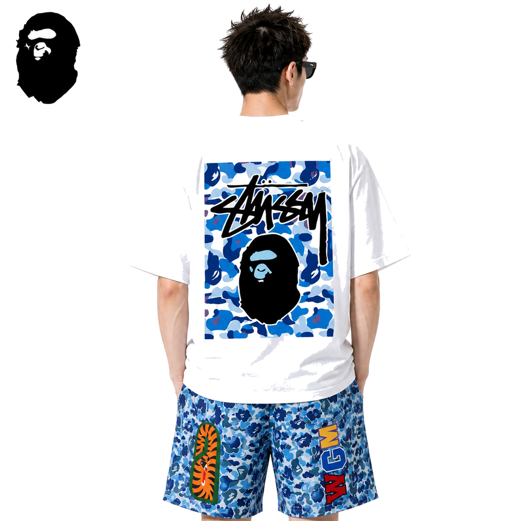 BAPE x Stussy Blue Camo Back Print Men's T-Shirt - White - White streetwear model on pure white background