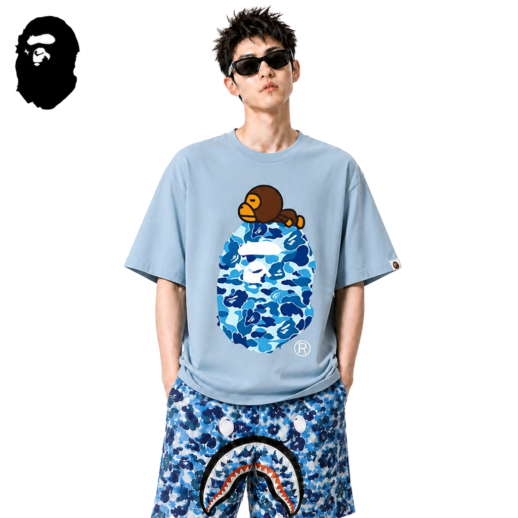 BAPE Blue ABC Camo Milo Ape Head Men's T-Shirt - Blue - Blue streetwear model on pure white background