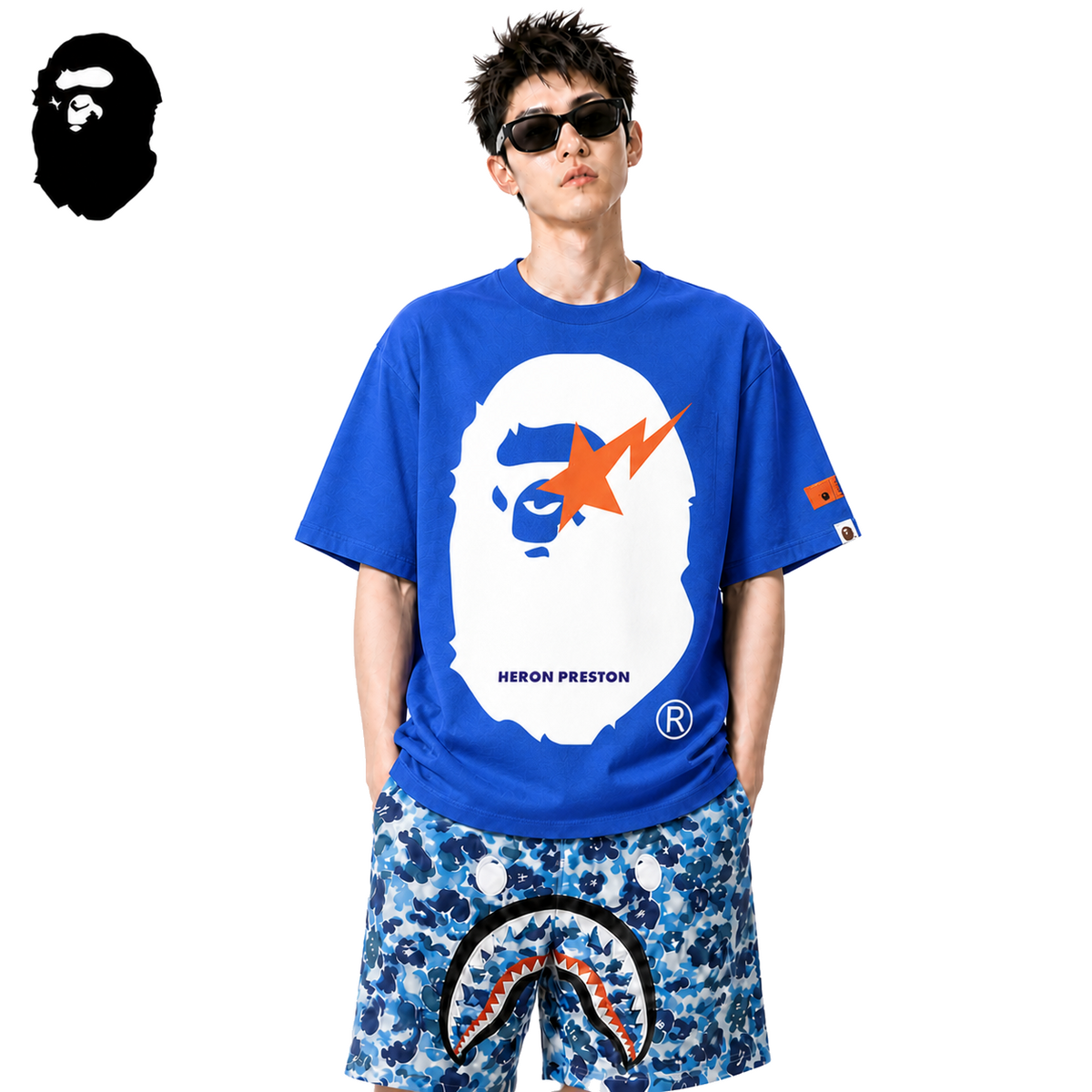 BAPE x Heron Preston Lightning Ape Head Men's T-Shirt - Blue - Blue streetwear model on pure white background
