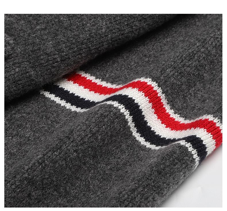 Unisex wool coat with webbing sleeves by Thom Browne, outerwear detail view