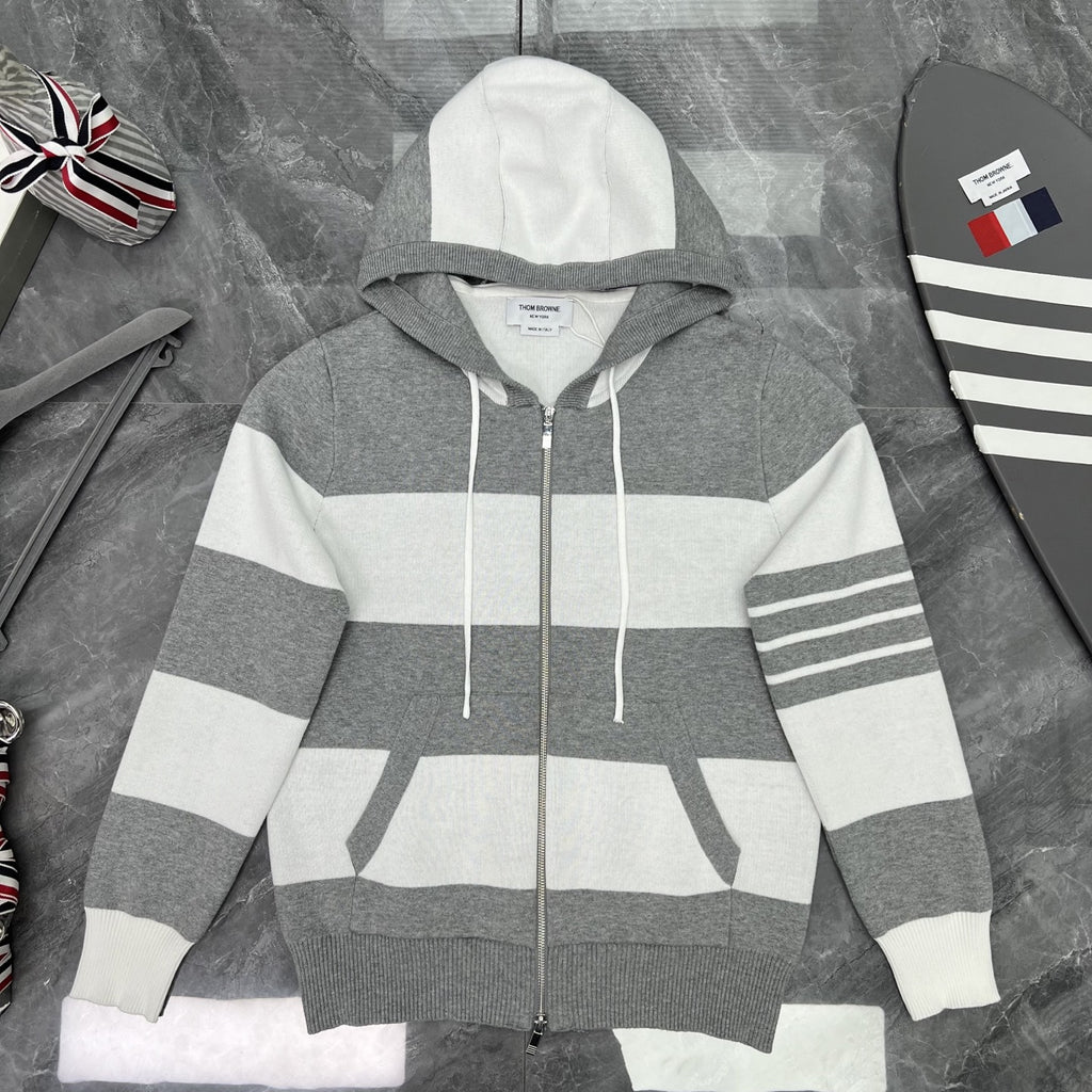 Thom Browne Style Striped Dog-Motif Zip-Up Knit Hoodie