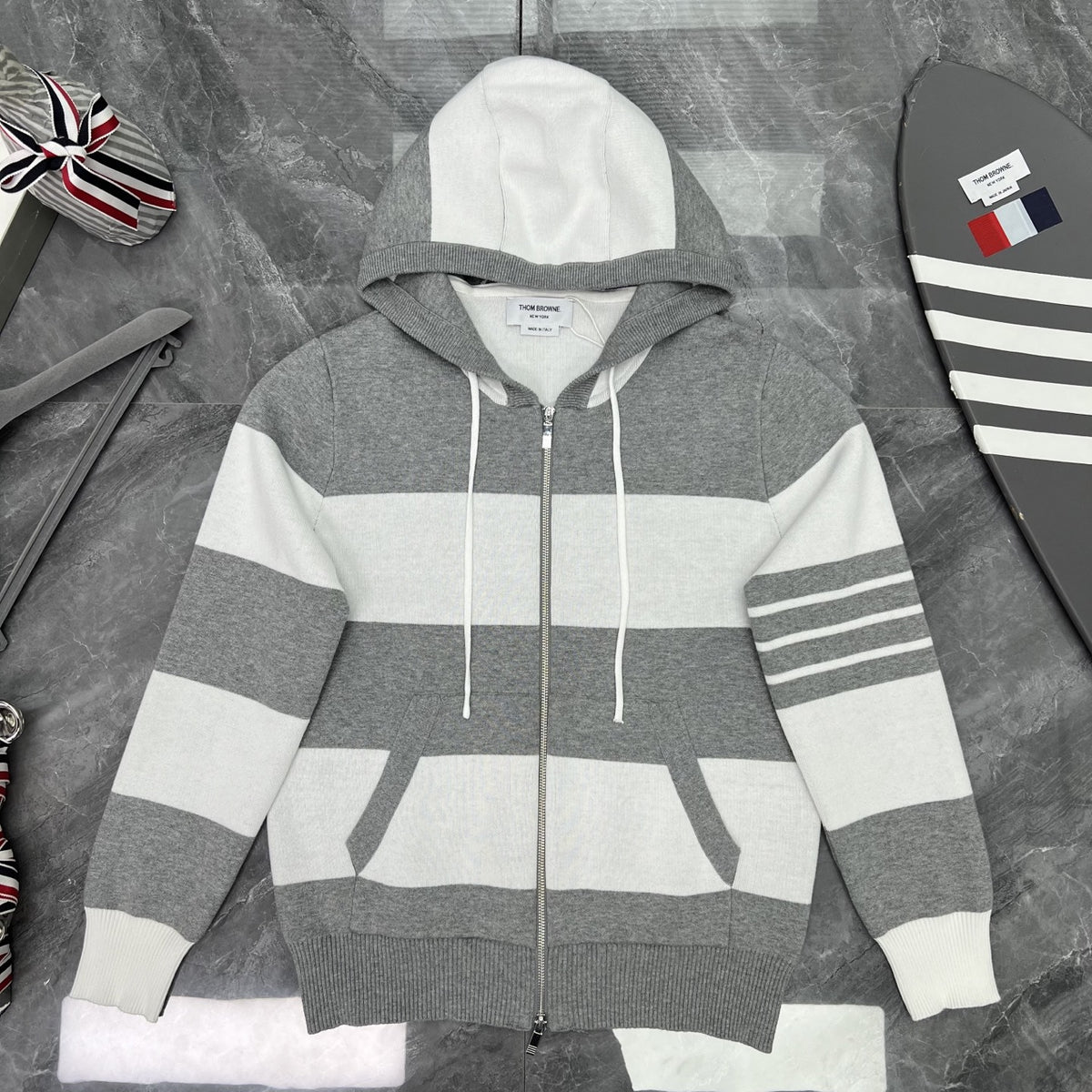 Thom Browne Style Striped Dog-Motif Zip-Up Knit Hoodie
