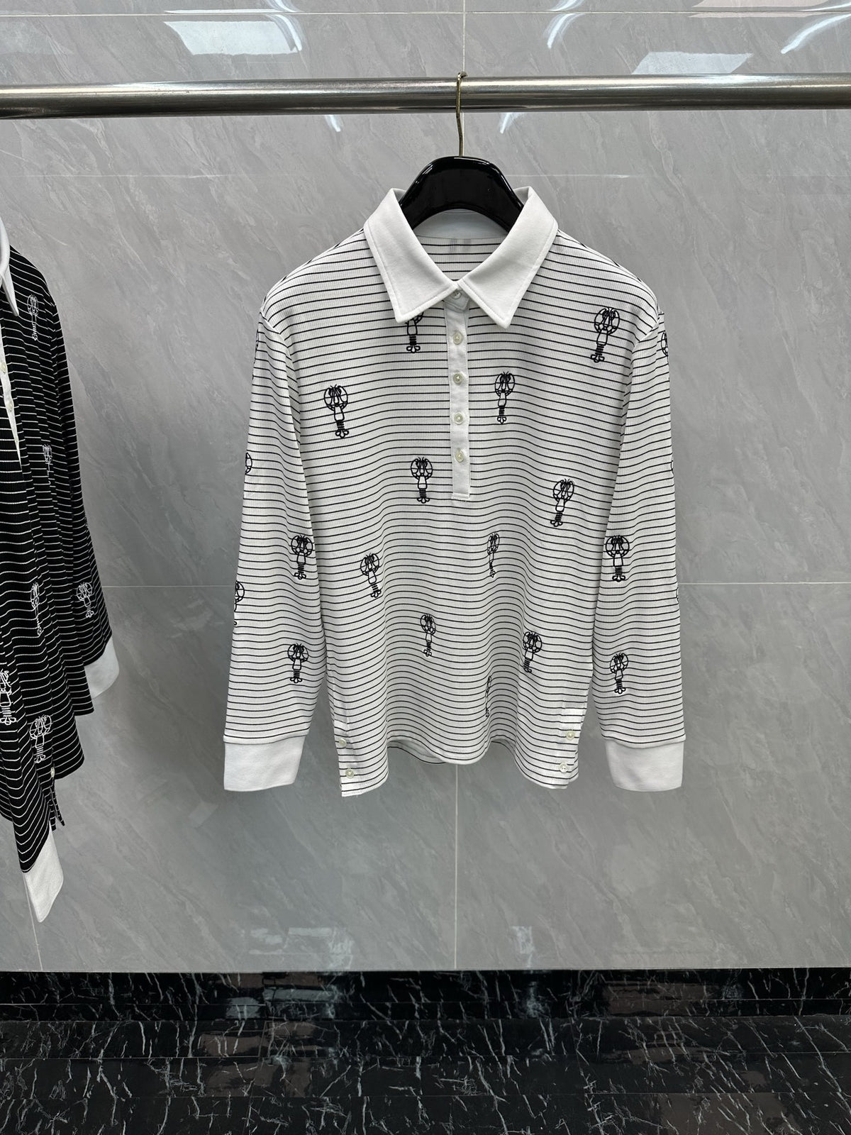 Thom Browne Style Balloon-Embroidered Striped Long-Sleeve Polo