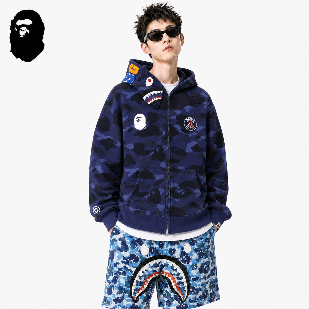 BAPE Navy Blue Camo Shark Hoodie styled on a male model