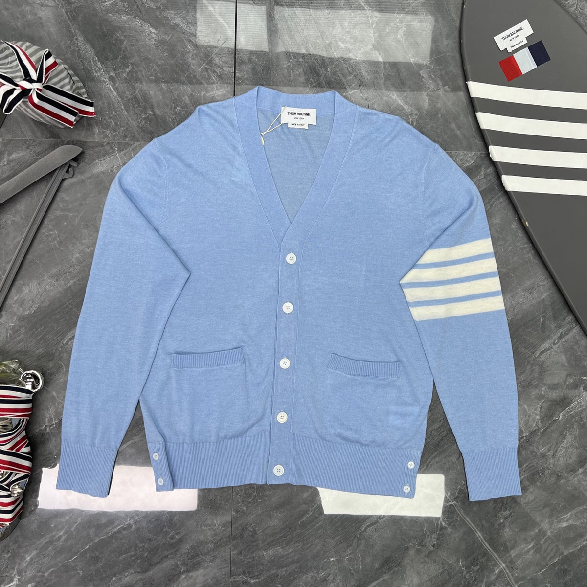 Thom Browne Unisex V-Neck Knit Cardigan with Four-Bar Stripes