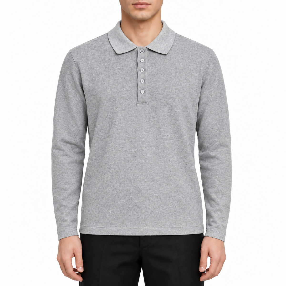 Lapel long-sleeved T-shirt by Thom Browne, modeled on a pure white background