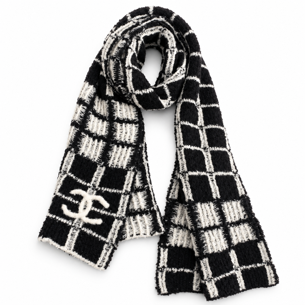 Chanel Style Fuzzy Windowpane Plaid Scarf in Black and Ivory