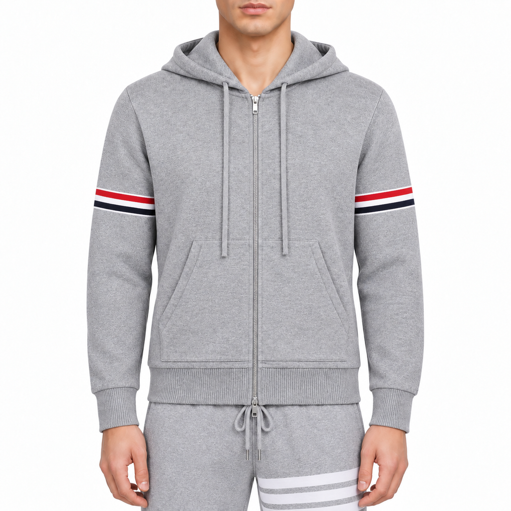 Couples Hoodie by Thom Browne, modeled on a pure white background