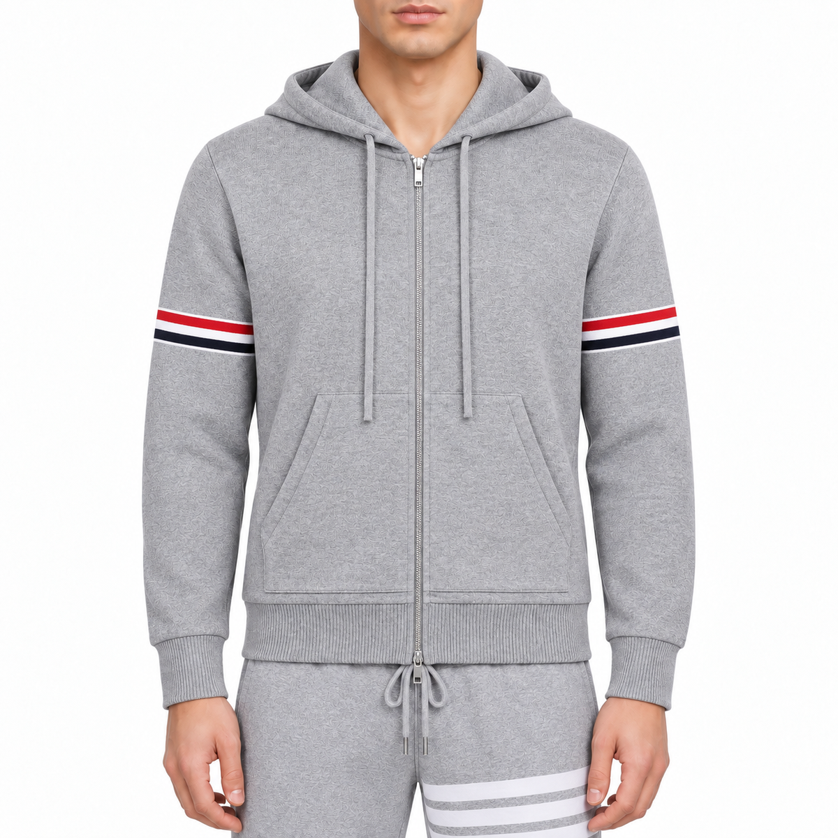 Couples Hoodie by Thom Browne, modeled on a pure white background