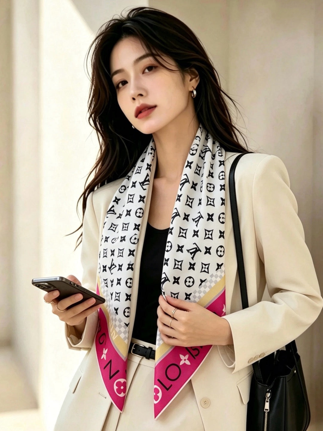 Louis Vuitton Style Monogram Silhouette Double-Sided Silk Scarf - Pink - Model Worn Main Image