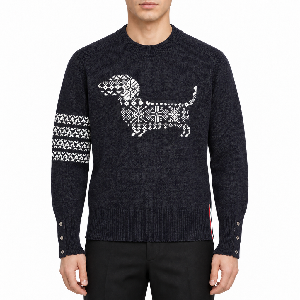 2026SS Men's Four-Stripe Crew Neck Knit Sweater by Thom Browne, modeled on a pure white background