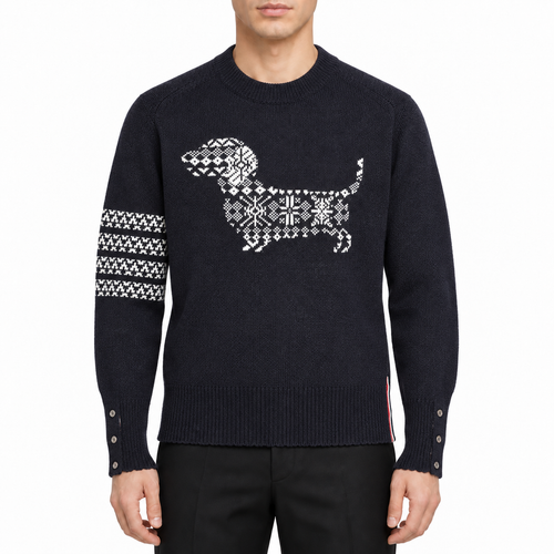 2026SS Men's Four-Stripe Crew Neck Knit Sweater by Thom Browne, modeled on a pure white background