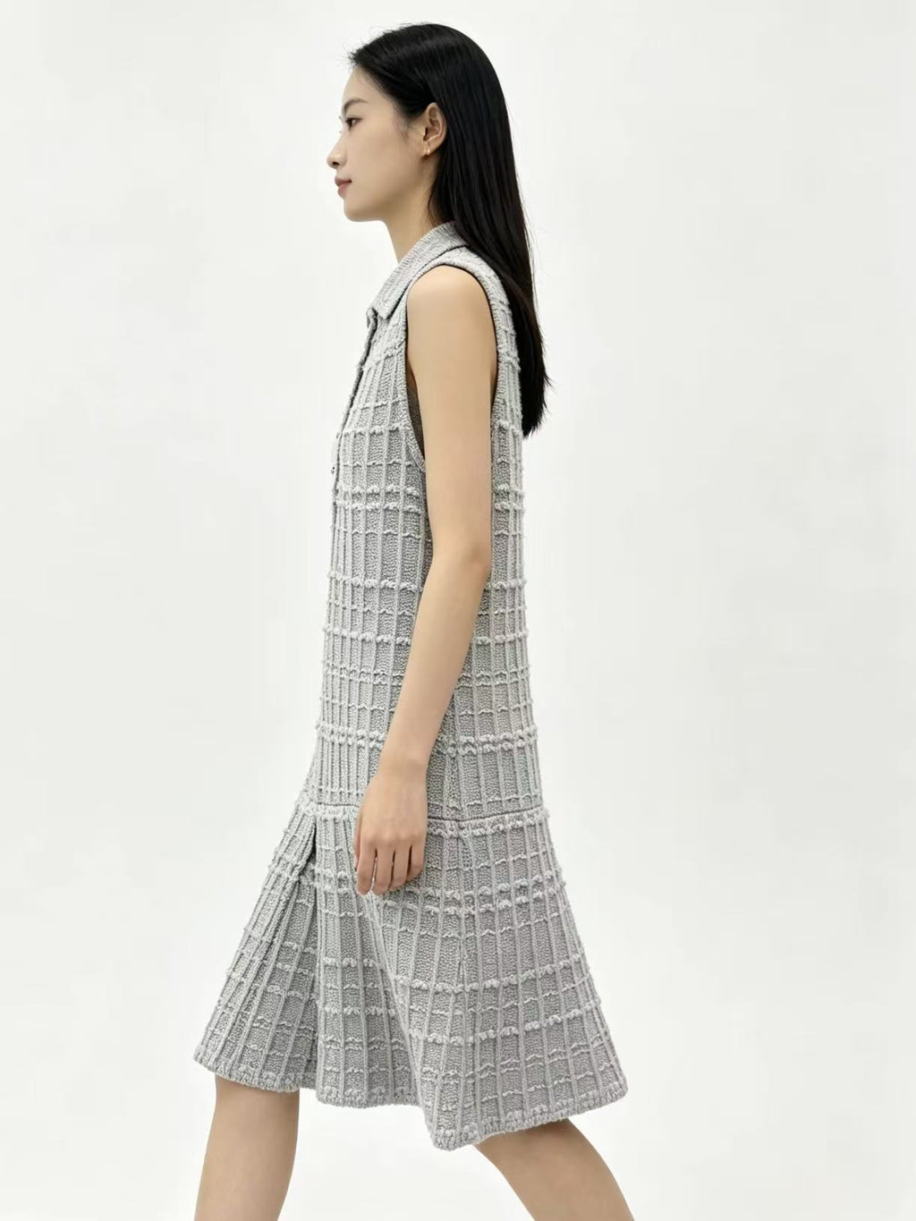 Thom Browne Style Gray Tweed Jacquard Sleeveless Polo Dress