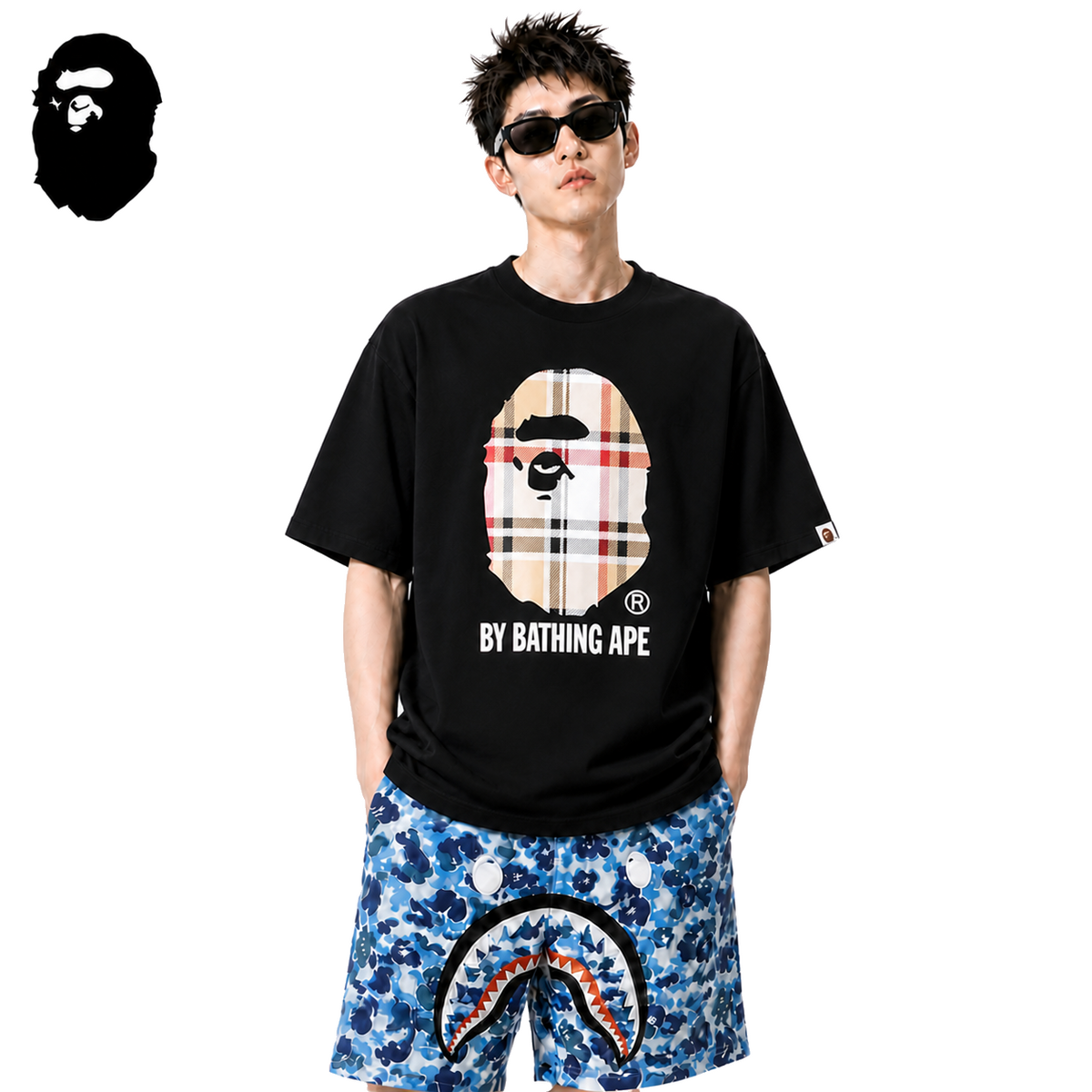 BAPE Plaid Ape Head Men's Graphic T-Shirt - Black - Black streetwear model on pure white background