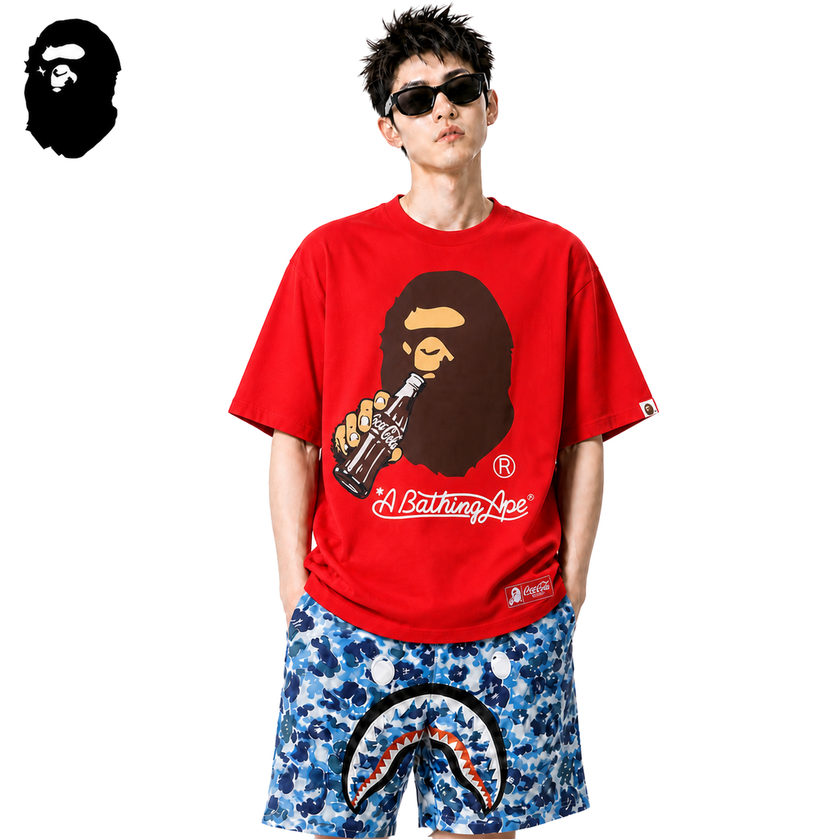 BAPE x Coca-Cola Ape Head Men's T-Shirt - Red - Red streetwear model on pure white background